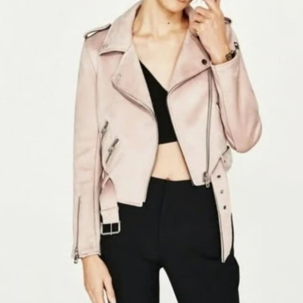 Zara Beige Faux Suede Moto Biker Jacket Women’s Size XS